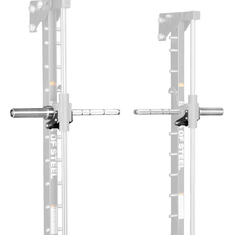 Bells of Steel USA Anvil Handles mount on power rack uprights for organized storage of weight plates and iso-lateral handles, keeping your gym tidy.