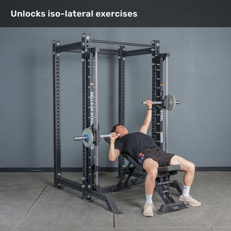 A person in athletic wear bench presses with Anvil Handles by Bells of Steel USA in a gym, highlighting “Unlocks iso-lateral exercises” at the top.