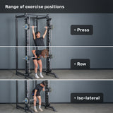 Three images show people using Bells of Steel USA Anvil Handles: top for overhead press, middle for bent-over row, bottom for iso-lateral lift. Labels read “Press,” “Row,” and “Iso-lateral.” Text highlights exercise range.