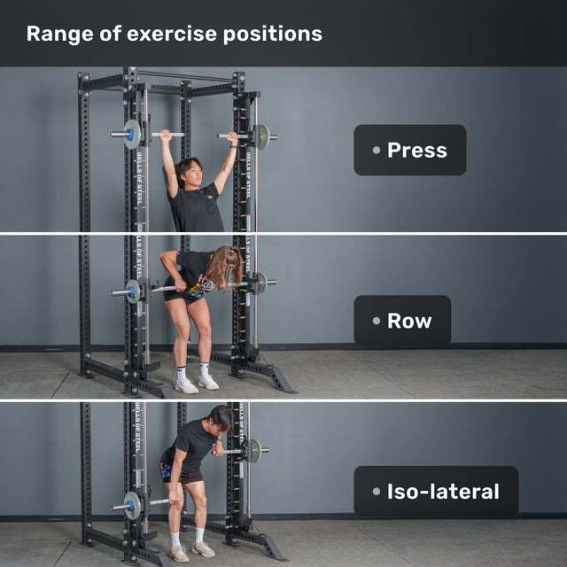 Three images show people using Bells of Steel USA Anvil Handles: top for overhead press, middle for bent-over row, bottom for iso-lateral lift. Labels read “Press,” “Row,” and “Iso-lateral.” Text highlights exercise range.
