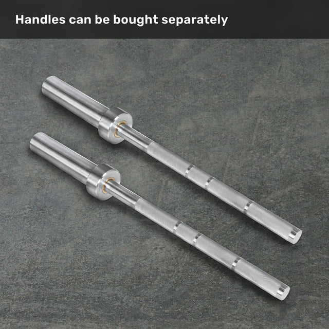 Two Anvil Handles by Bells of Steel USA lie parallel on a gray surface with “Handles can be bought separately” above them—ideal for unilateral training.