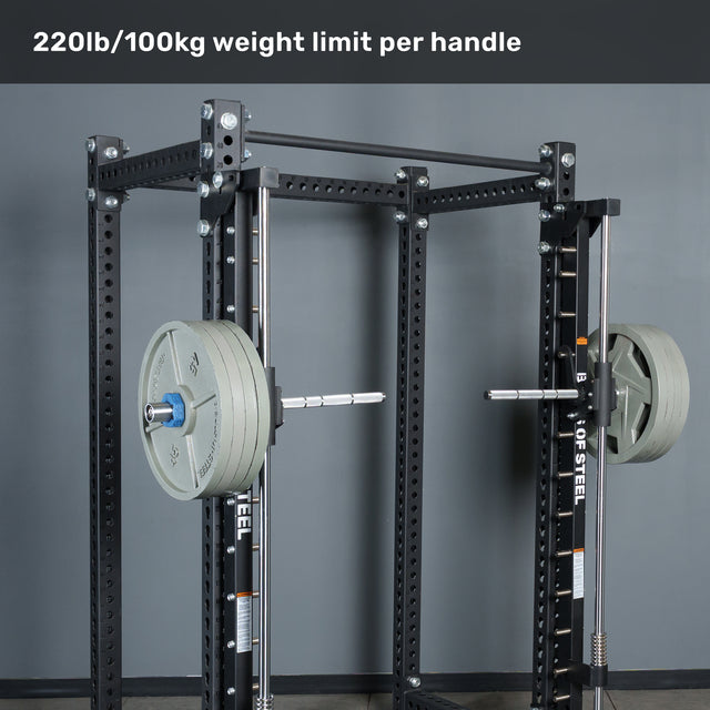 Anvil Handles by Bells of Steel USA shown loaded on a squat rack. Text reads, “220lb/100kg weight limit per handle.” Perfect for unilateral training with Smith Machine Handles.