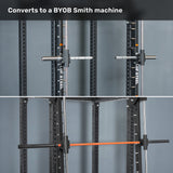 Two images of a black metal gym rack with Anvil Handles by Bells of Steel USA attached; top shows chrome bar holders, bottom highlights iso-lateral handles secured for unilateral training.