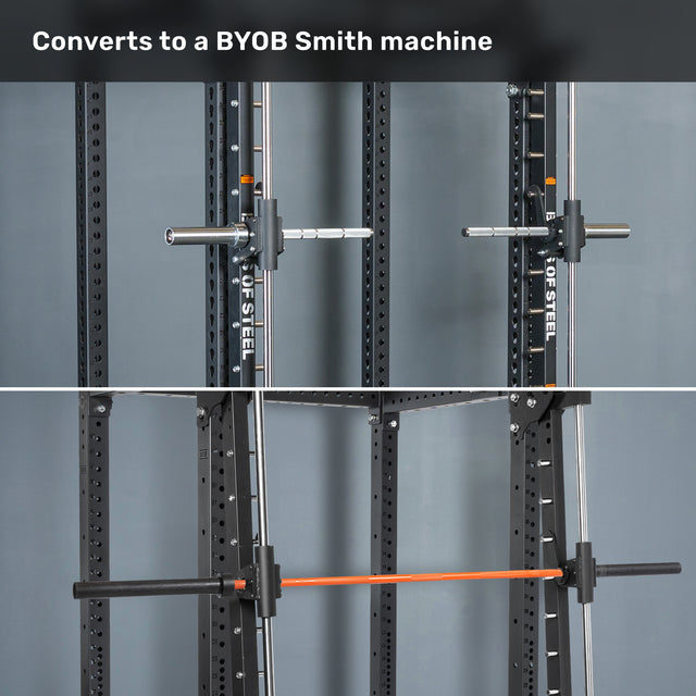 Two images of a black metal gym rack with Anvil Handles by Bells of Steel USA attached; top shows chrome bar holders, bottom highlights iso-lateral handles secured for unilateral training.