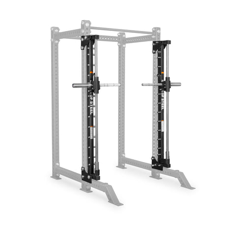 A Bells of Steel Smith Machine Rack Attachment is showcased with its black, vertically guided design—highlighting the visible guide rods and barbell—while the partially faded gray rack frame draws focus to the attachment itself.