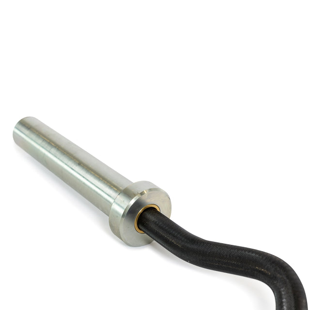 A shiny metallic EZ Curl Bar (54.5") by Bells of Steel is attached to a black, flexible hose against a plain white background, resembling equipment for biceps and triceps exercises.