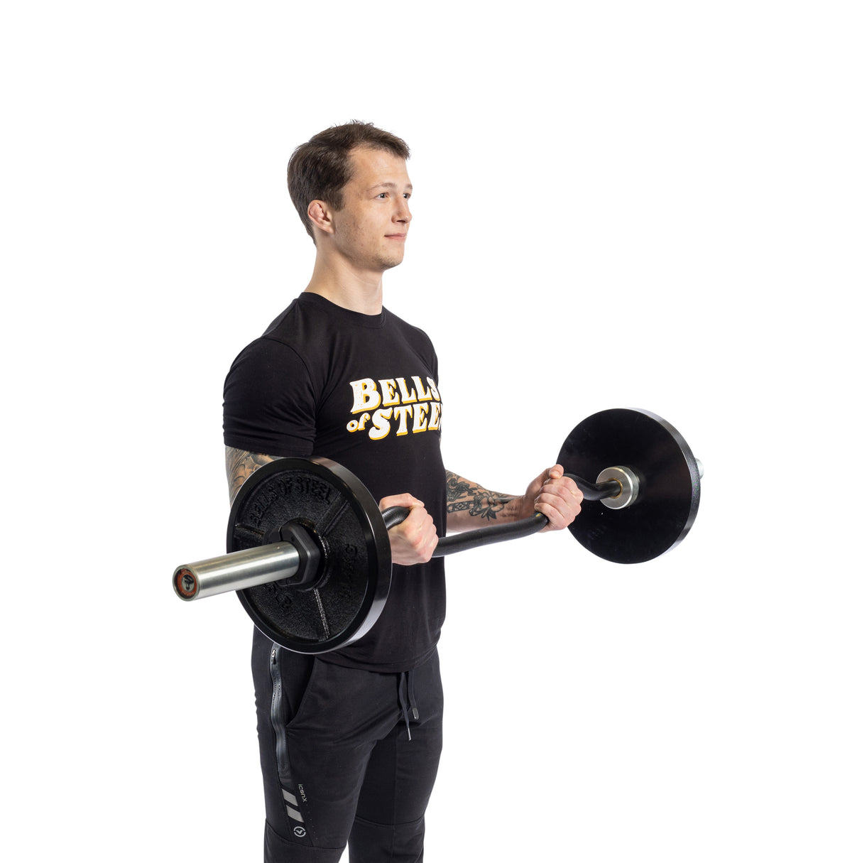 Man exercising with a 54.5" EZ curl bar, targeting his arms.