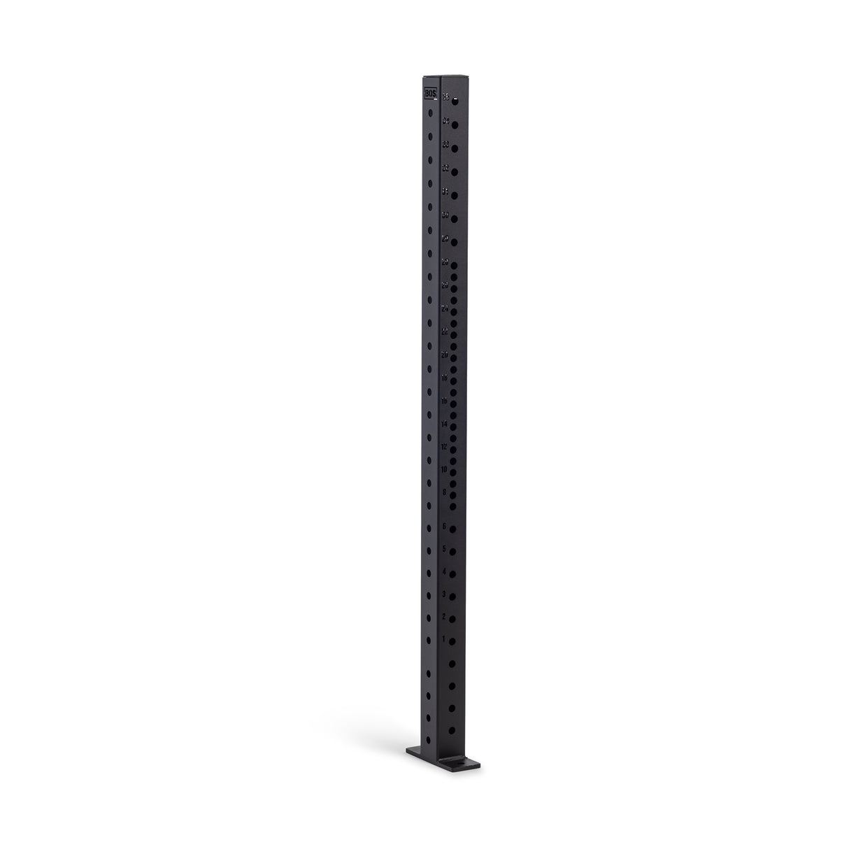 The Hydra Vertical Uprights by Bells of Steel feature a tall black metal post with evenly spaced holes along its length, standing on a flat base. Perfect for Hydra Rack attachments, it is displayed against a plain white background.