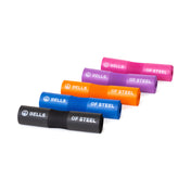 Five cushy foam grips diagonally aligned on a white background feature the "Bells of Steel" branding. These ergonomic Barbell Pads with Straps come in black, orange, blue, purple, and pink.