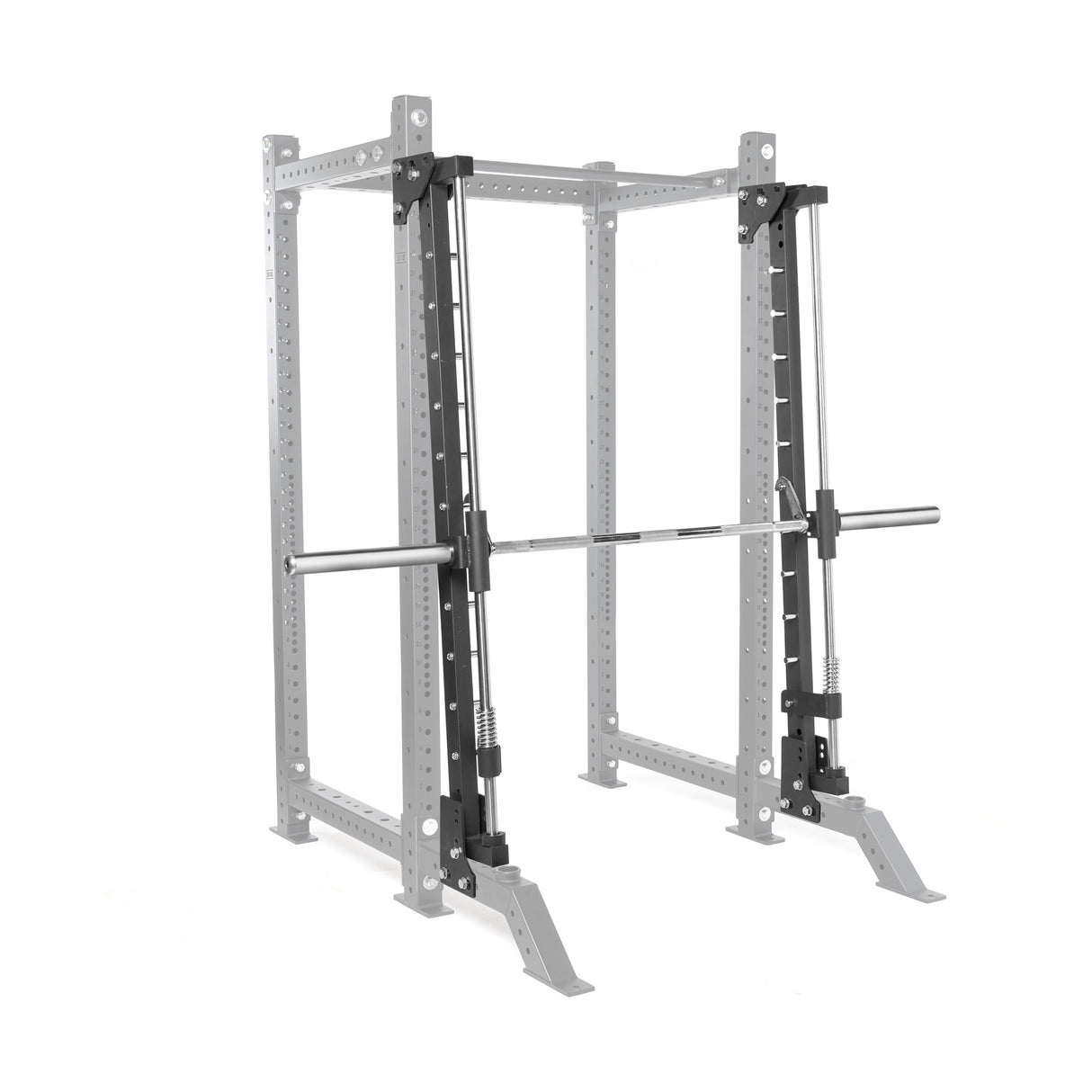 A Bells of Steel power rack with an adjustable barbell designed for weightlifting, featuring the Smith Machine Rack Attachment for improved stability and safety during workouts.