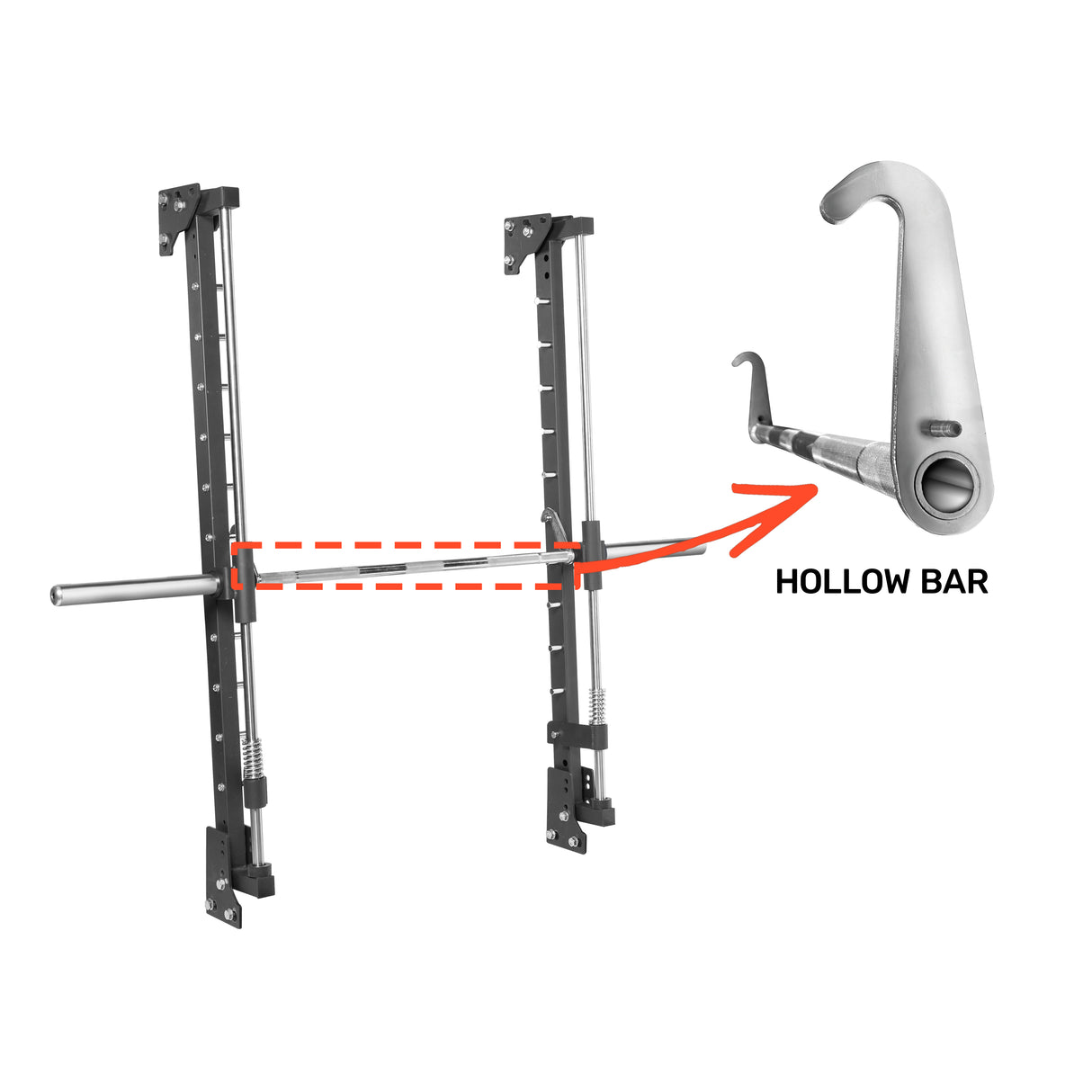 A diagram shows a power rack with a barbell, featuring an enlarged inset of a hollow bar likely indicating the Bells of Steel Smith Machine Rack Attachment. An orange arrow highlights the connection between the barbell and this feature.