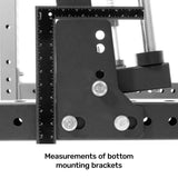 A close-up of bottom mounting brackets on the Bells of Steel Smith Machine Rack Attachment, featuring two black rulers measuring vertically and horizontally. Text below states, "Measurements of bottom mounting brackets.