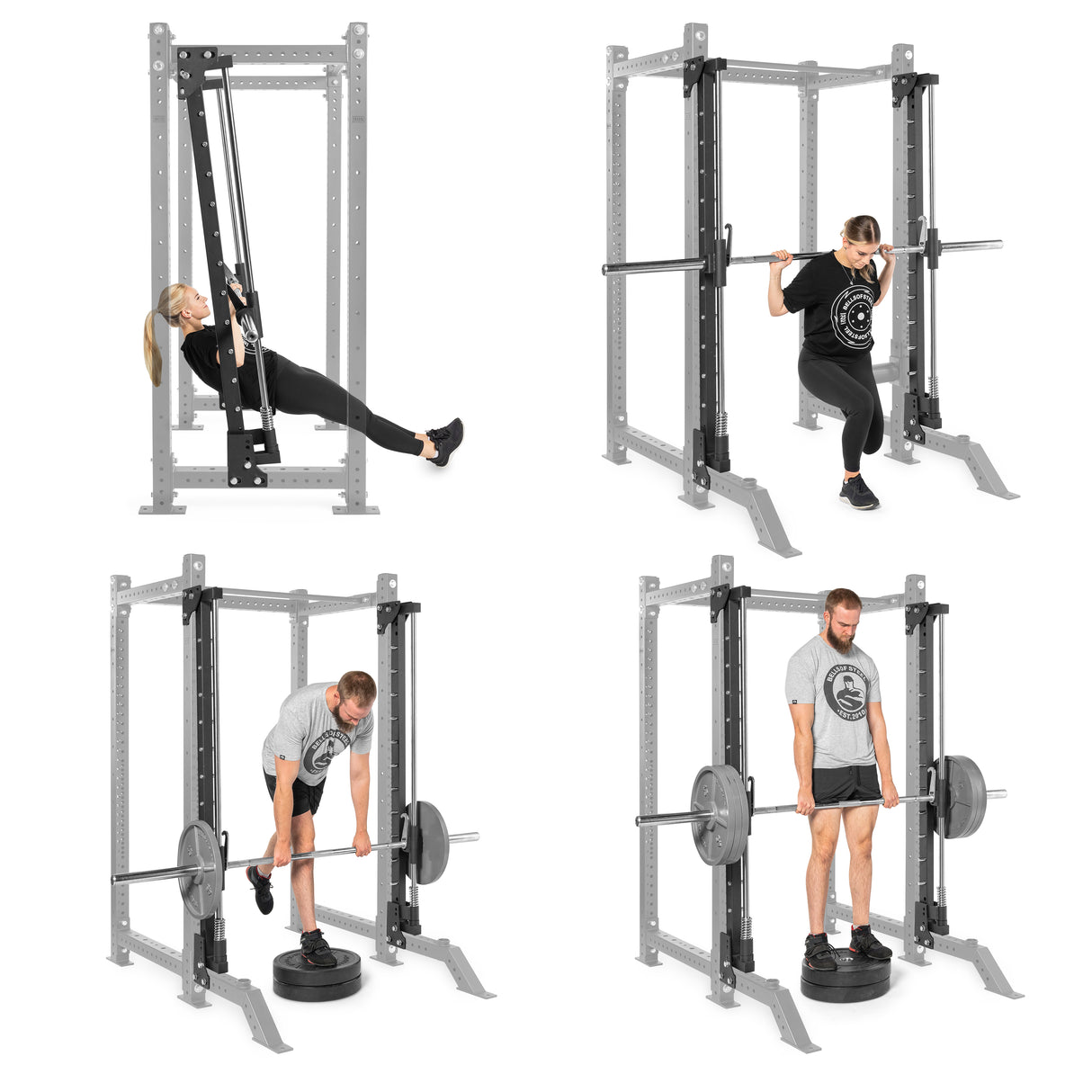 Four images show two people using Bells of Steel's Smith Machine Rack Attachment. The top left features a woman pulling cables; the top right, squatting with a barbell. Below, a man performs a bent-over row and a deadlift with barbells in what appears to be this power rack setting.