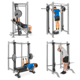 Four images illustrate a man performing exercises like incline press, push press, hip thrust, and bar hang stretches using the Smith Machine Rack Attachment from Bells of Steel with a bench and barbell weights, showcasing its versatility in his workout routine.