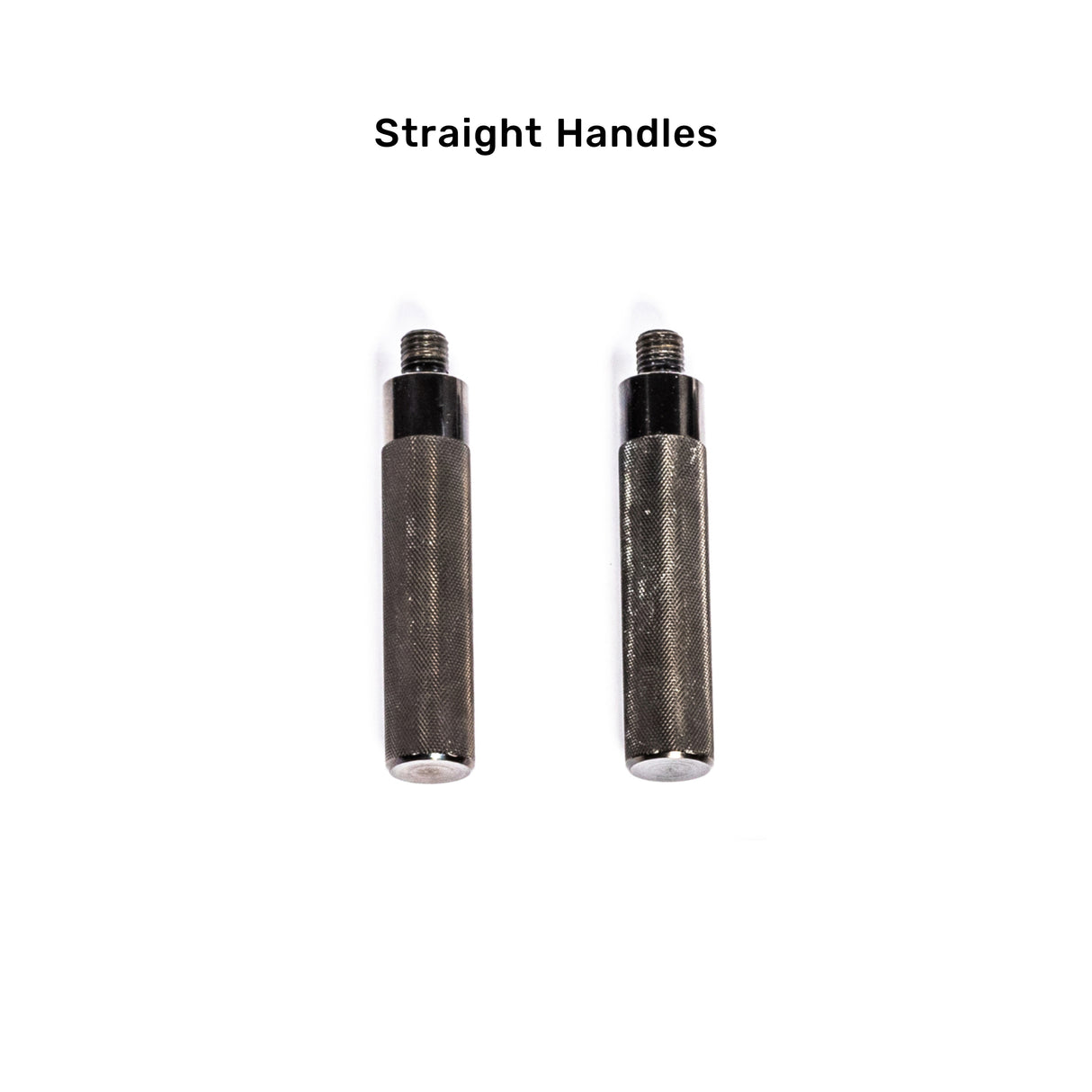 Two metal handles with textured grips and threaded ends are displayed against a plain background, perfect for the Safety Squat Bar - The SS4 by Bells of Steel. The text "Straight Handles" is centered above these ergonomically designed accessories.