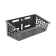 The Bells of Steel Rack Attached Storage Basket features black plastic construction with geometric cutouts and mounting holes—ideal for organizing fitness accessories or gym gear and easily mounts to your rack for efficient storage.