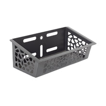 The Bells of Steel Rack Attached Storage Basket is a black plastic basket with geometric cut-outs and mounting holes, ideal for efficient gym storage or organizing your fitness accessories.