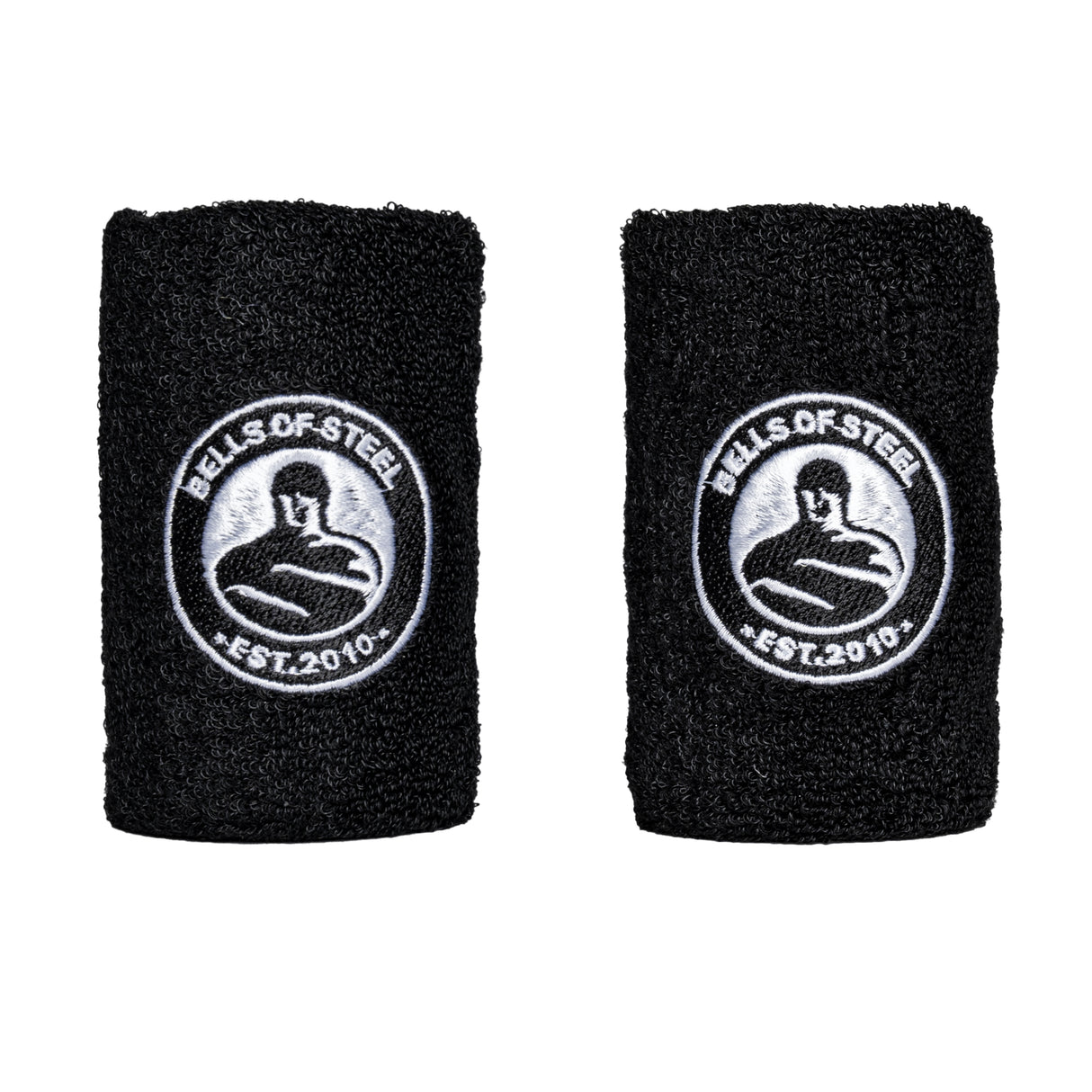 Displayed on a crisp white background, two black wristbands feature the Bells of Steel USA logo with a muscular figure, and "EST. 2010." Perfect for those into strength and endurance, these accessories complement the Wildman Swing Adjustable Kettlebell Bundle.