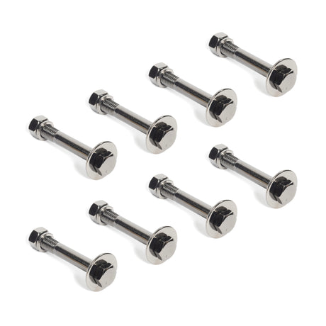 Seven Gold / Black Titanized Bolts for Hydra by Bells of Steel are evenly spaced on a plain white background. Each bolt features a threaded shaft and hexagonal nut. Arranged in two staggered rows, they create a visually balanced pattern.