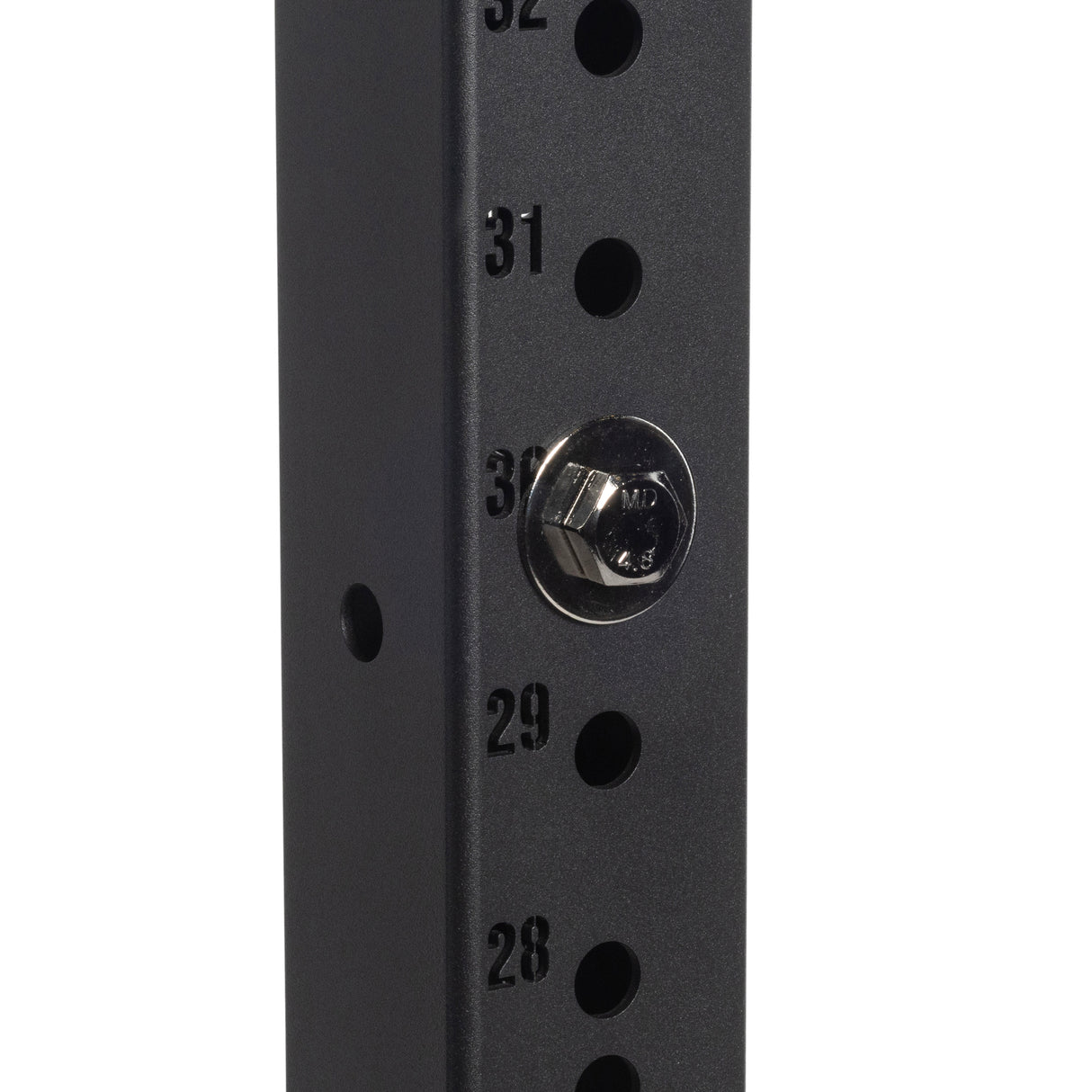 Close-up of a black metal post with numbered holes 28-32; features durable titanized coating. From the Hydra series by Bells of Steel, it includes a silver locking pin in hole 30—secured like Gold / Black Titanized Bolts for adjustable strength mechanisms.