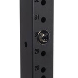 Close-up of a black metal post with numbered holes 28-32; features durable titanized coating. From the Hydra series by Bells of Steel, it includes a silver locking pin in hole 30—secured like Gold / Black Titanized Bolts for adjustable strength mechanisms.