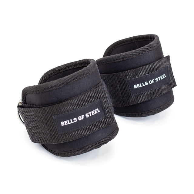 A pair of Bells of Steel adjustable ankle straps, featuring velcro for secure fastening; perfect for enhancing your glute-training routine.