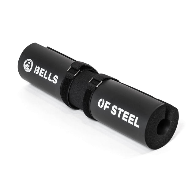 The black ergonomic Barbell Pads with Straps by Bells of Steel offer cushy comfort and adjustable straps for secure barbell attachment.