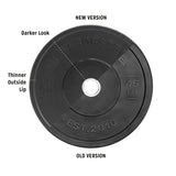 An illustration shows the new All-Black Bumper Plates by Bells of Steel compared to the older version. The new plates are darker with a thinner edge, marked with "Bells of Steel," "45 LB," "SET 15," and "EST. 2010," emphasizing their precision as essential lifting gear.