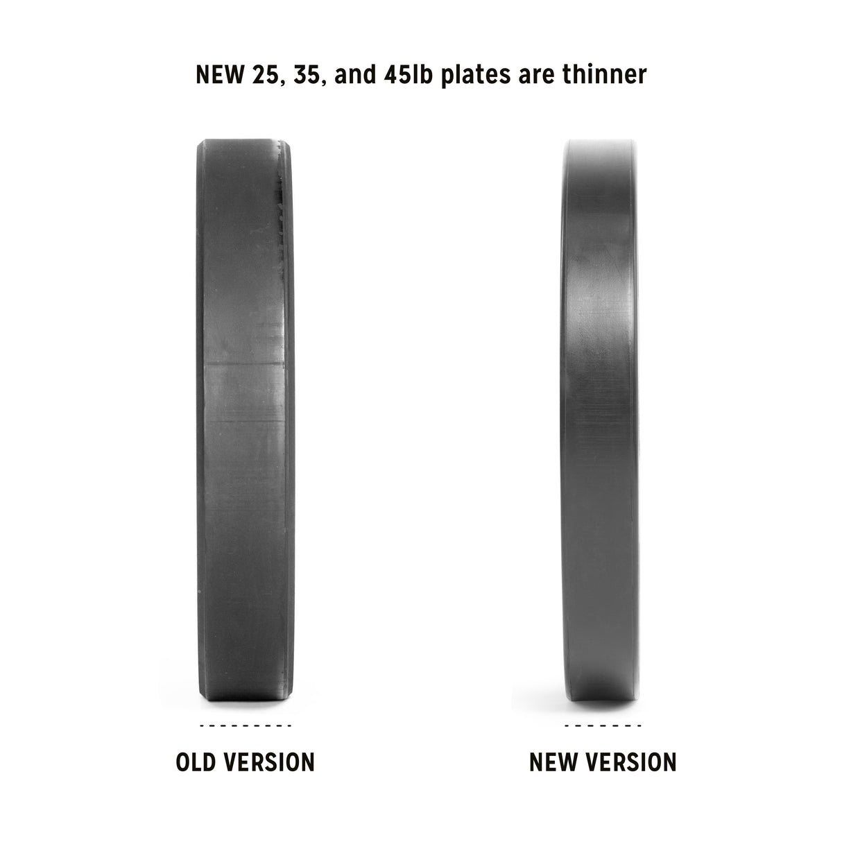 Two Bells of Steel All-Black Bumper Plates are displayed side by side, with the older version on the left and the new, thinner design on the right. Text above announces, "NEW 25, 35, and 45lb plates are thinner." Crafted for precise weight in lifting gear.