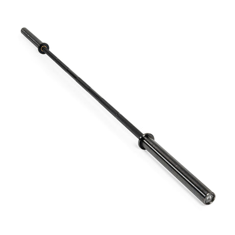 A single Bells of Steel Powerlifting Bar is shown against a white background, angled diagonally from the lower right to the upper left. The ends of the bar are cylindrical and metallic, featuring aggressive knurling that meets IPF specifications for competition standards.
