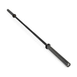 The Bells of Steel Powerlifting Bar is a black metal bar with aggressive knurling and rotating sleeves, displayed diagonally on a white background.