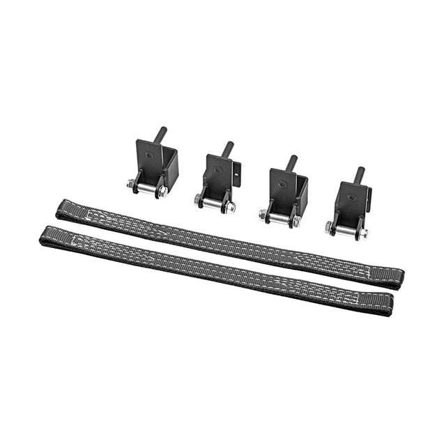 Bells of Steel Safety Straps for 2.3" x 2.3" Racks come with four black metal mounting brackets, bolts, and two black webbing straps—perfect for securely upgrading your power rack setup.