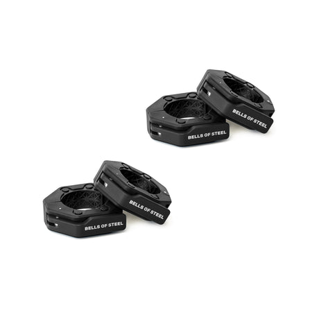 Two pairs of black Magnetic Clamp Collars by Bells of Steel are shown on a white background.