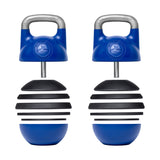 The Adjustable Competition Kettlebell by Bells of Steel features a dynamic blue and black design, ideal for kettlebell training. Each kettlebell includes stacked weight plates and a sturdy metallic handle for secure gripping, with the brand's logo embossed on the upper part of the weights.