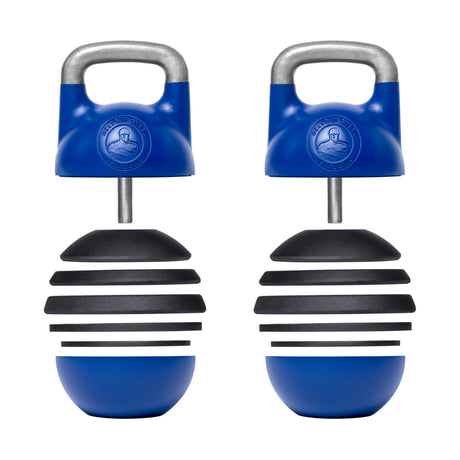 The Adjustable Competition Kettlebell by Bells of Steel features a dynamic blue and black design, ideal for kettlebell training. Each kettlebell includes stacked weight plates and a sturdy metallic handle for secure gripping, with the brand's logo embossed on the upper part of the weights.