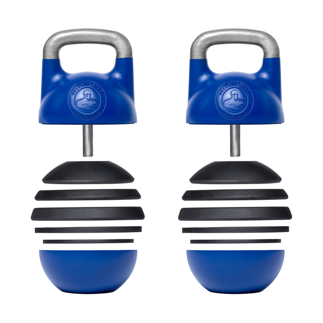 The Adjustable Competition Kettlebell by Bells of Steel features a dynamic blue and black design, ideal for kettlebell training. Each kettlebell includes stacked weight plates and a sturdy metallic handle for secure gripping, with the brand's logo embossed on the upper part of the weights.