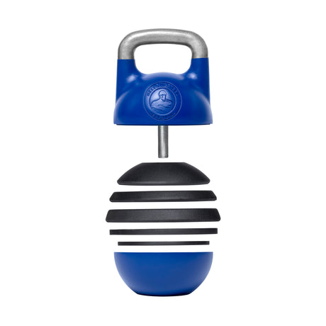 The Bells of Steel Adjustable Competition Kettlebell features a blue and black circular design, with a silver handle and vertically stacked removable weight plates for easy increments. The embossed brand logo on top enhances its competition-style appeal.