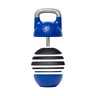 The Adjustable Competition Kettlebell by Bells of Steel is designed for kettlebell training with its blue and black exterior and metallic handle. It features an adjustable weight system, horizontal grooves, and an embossed logo on top.