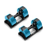 The NÜOBELL Adjustable Dumbbells by Nuobell, featuring machined steel weight plates and black handles, are elegantly displayed side by side on a white background. Their patent-pending design is stabilized on a black stand.