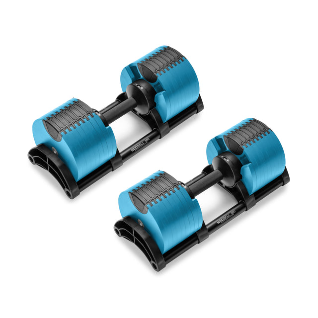 Two NÜOBELL Adjustable Dumbbells by Nuobell, featuring machined steel weight plates with a patent-pending design, are showcased side by side on a white background. Each provides multiple stacked weight options for versatile workout resistance.