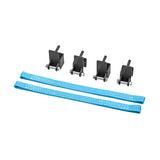 Four black Bells of Steel mounting brackets with pins and bolts are lined up above two blue Safety Straps for 2.3" x 2.3" racks, all set against a white background. Ideal for securing weights on your power rack.