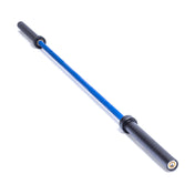 A Bells of Steel blue Multi-Purpose Olympic Barbell, known as The Utility Bar, features black sleeves and metallic ends, ideal for powerlifting or weightlifting, set against a white background.