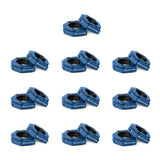 Twelve pairs of blue Bells of Steel Magnetic Clamp Collars are stacked together in a 4x3 grid on a white background, compatible with barbell and weight plate collars for secure lifting. Each collar is labeled "BELLS OF STEEL.