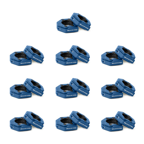Twelve pairs of blue Bells of Steel Magnetic Clamp Collars are stacked together in a 4x3 grid on a white background, compatible with barbell and weight plate collars for secure lifting. Each collar is labeled "BELLS OF STEEL.