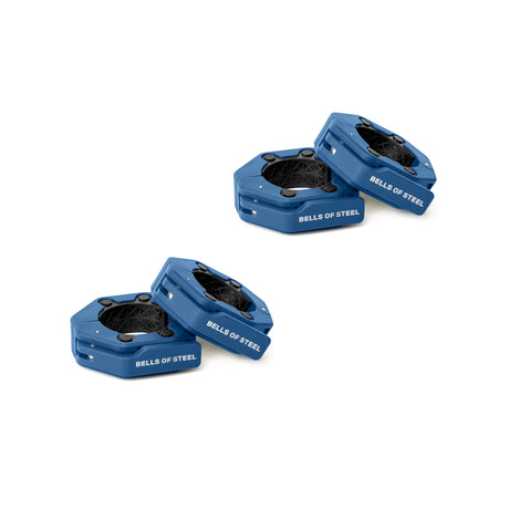 Four blue, hexagonal Magnetic Clamp Collars by Bells of Steel are arranged in pairs on a white background, highlighting secure and innovative barbell collars for weightlifting.