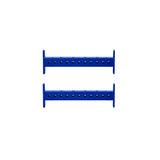 Two blue metal Hydra Crossmembers by Bells of Steel, featuring multiple evenly spaced holes, are positioned parallel on a white background—ideal for securing 3x3 rack attachments in power racks.