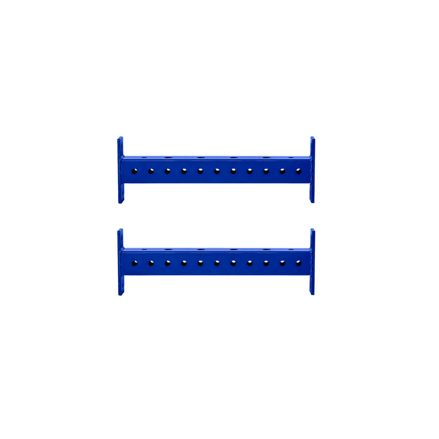 Two blue metal Hydra Crossmembers by Bells of Steel, featuring multiple evenly spaced holes, are positioned parallel on a white background—ideal for securing 3x3 rack attachments in power racks.