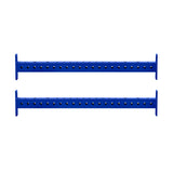 Two horizontal blue Hydra Crossmembers by Bells of Steel, made of metal with evenly spaced holes, are positioned parallel to each other on a white background.