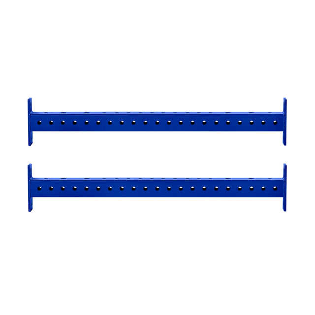 Two horizontal blue Hydra Crossmembers by Bells of Steel, made of metal with evenly spaced holes, are positioned parallel to each other on a white background.