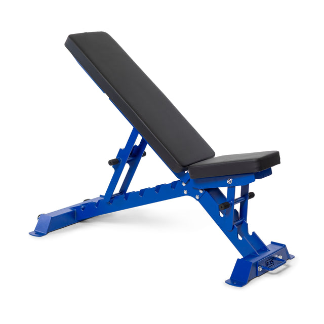 The Buzz-Saw Heavy-Duty Adjustable Bench by Bells of Steel features a blue frame, black cushioned seat, incline position, and sturdy metal frame with multiple adjustment options, including an adjustable back pad for personalized workouts.